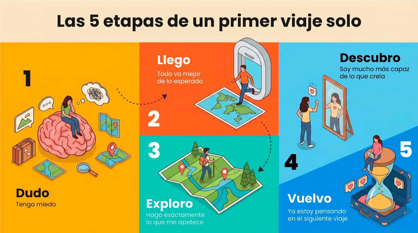 Infografía sobre las cinco etapas de un primer viaje solo: del miedo inicial a la confianza y las ganas de volver a viajar.