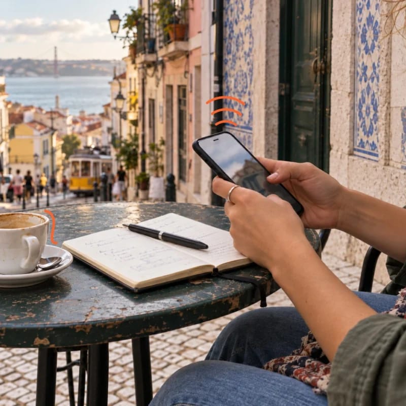 Viajera consultando su móvil junto a una libreta y un café en una terraza con vistas a una calle de Lisboa.