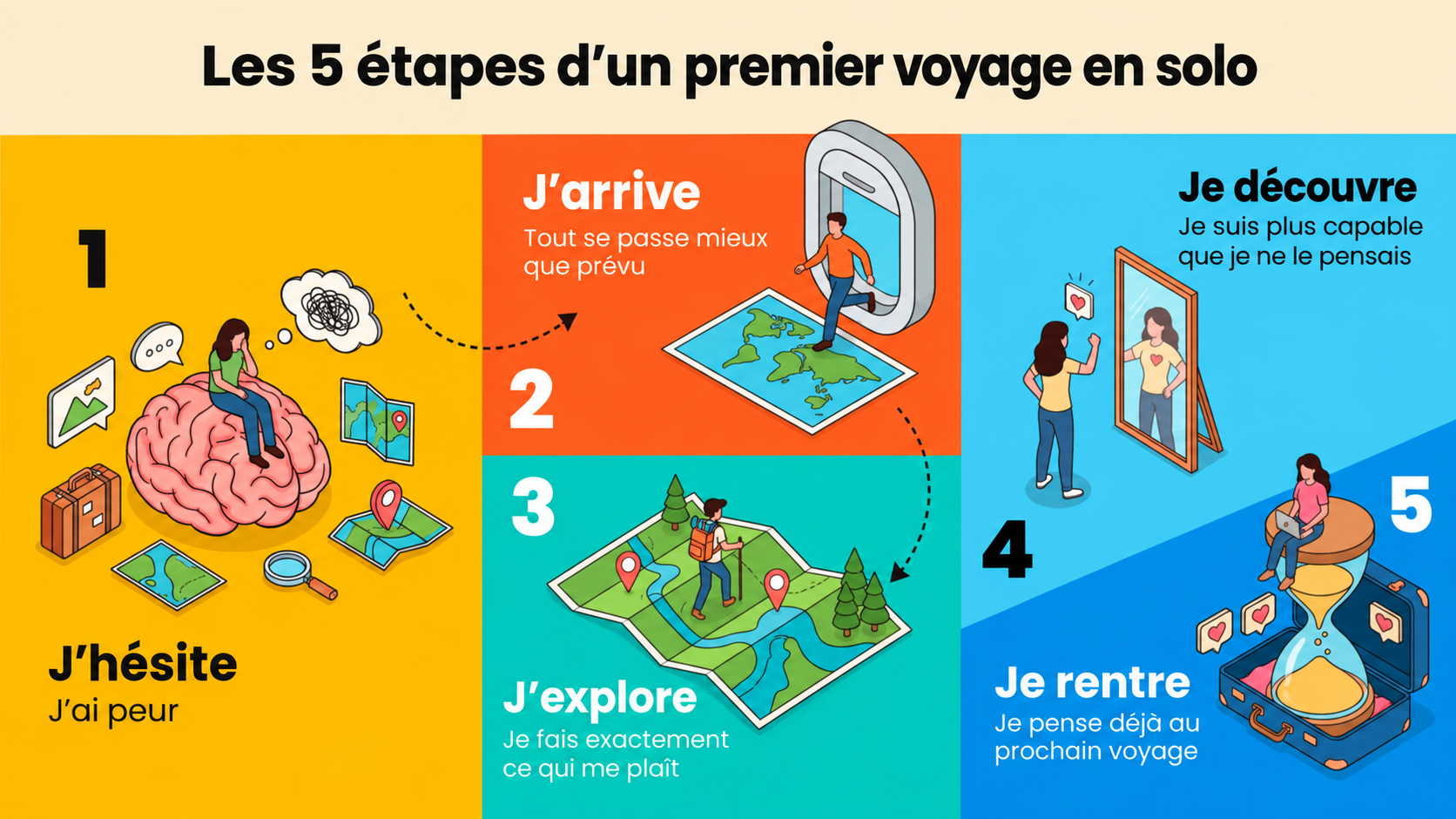 Les cinq étapes d’un premier voyage en solo : les doutes et la peur ; l’arrivée, où tout se passe mieux que prévu ; l’exploration à ton rythme ; la découverte de tes capacités ; le retour, avec déjà l’envie de repartir.